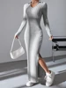 Women sexy knit V-neck reverse neck split dress autumn winter full sleeve elastic basic body sweater 1
