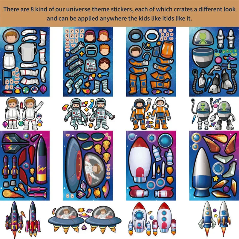 6-24sheets Space Stickers for Kids Creative Make Your Own Astronaut Stickers Children DIY Craft Make A Face Puzzle Jigsaw Gifts decorative stickers paper stickers puzzle stickers