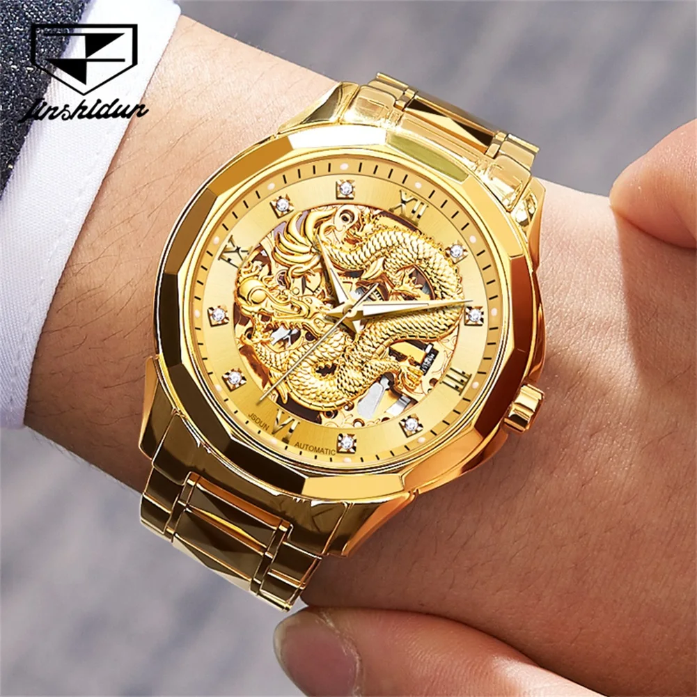 JSDUN 8840 Watch For Men Hollow Dragon Luxury Mechanical Men Watch Top Brand Diamond Scale Luminous Waterproof Dress Wristwatch