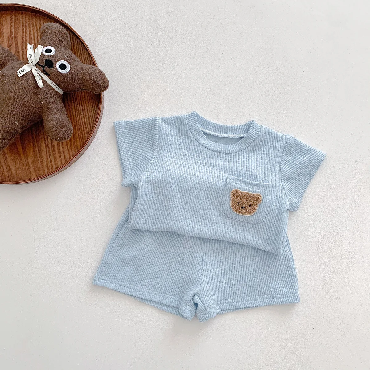 Description Picture 5 of itemSummer Solid Color Tracksuits Boys And Girls T-shirt+Shorts Simple Casual O-neck Tops Toddler New Sets Cute Bear Print Two-piece