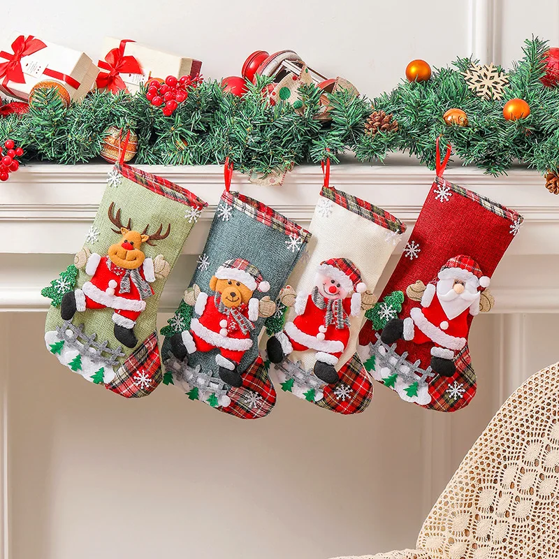 

Linen Cute Christmas Stocking Fence Christmas Gift Bag Christmas Tree Hanging Candy Bag Ornaments Christmas Decorations 2023