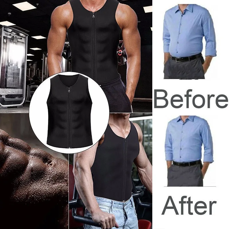 Men Compression Trainer Vest Neoprene Corset Body Shaper Slimming Shirt Weight Loss Fitness Workout Zipper Belly Control Vest