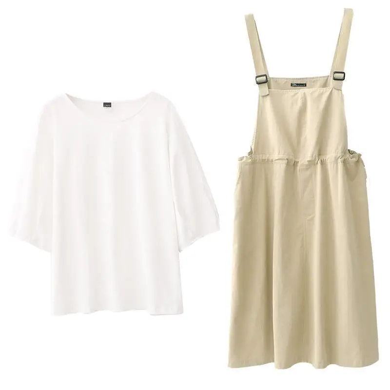 Korean Solid Color Shirring Patchwork Pockets Twill Fabric Strap Dress Casual Round Neck Three Quarter Sleeve Top Plus Size Sets