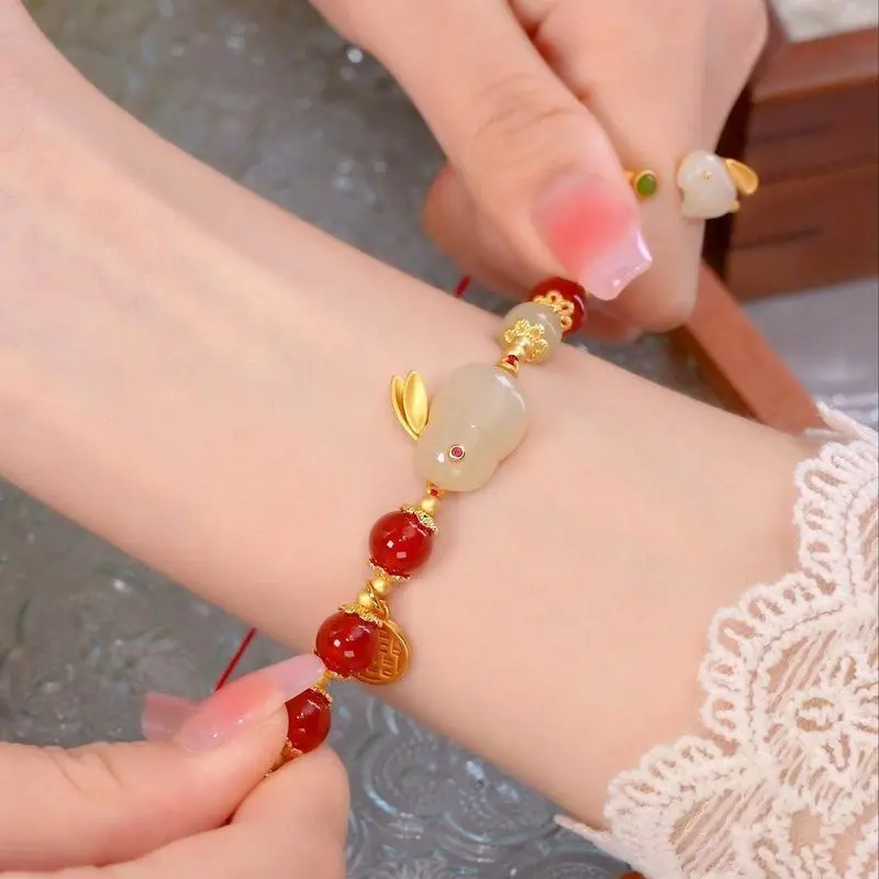 Hetian Jade Rabbit Charm Bracelet for Women Men Couple Red Marau Hand-woven Black Rope Beaded Bracelets Birthday Friends Gifts