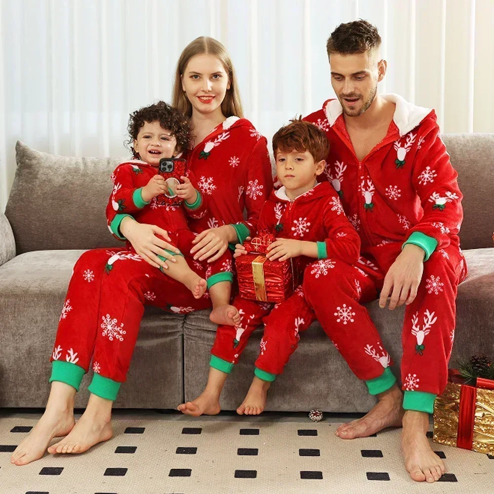 New Family Christmas Clothes Red Flannel Pajamas Warm Soft Jumpsuit Print Parent-child Matching Outfits Hooded Romper Xmas Look 6