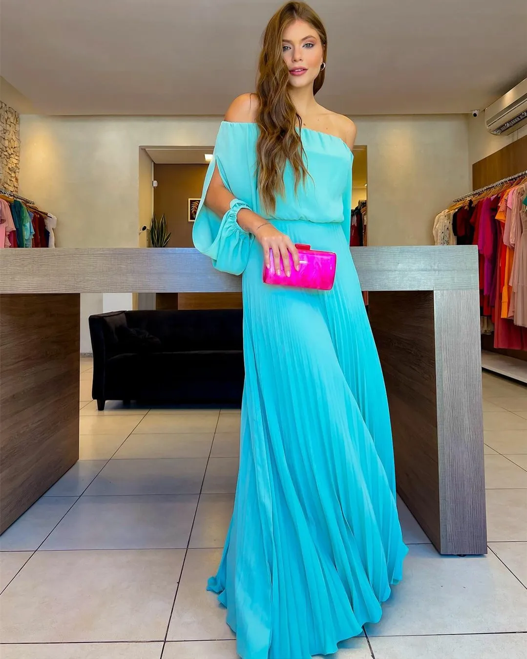 

Elegant Strapless Long Sleeves Ruched Long Chiffon Formal Gown Custom Made Beach Evening Dresses