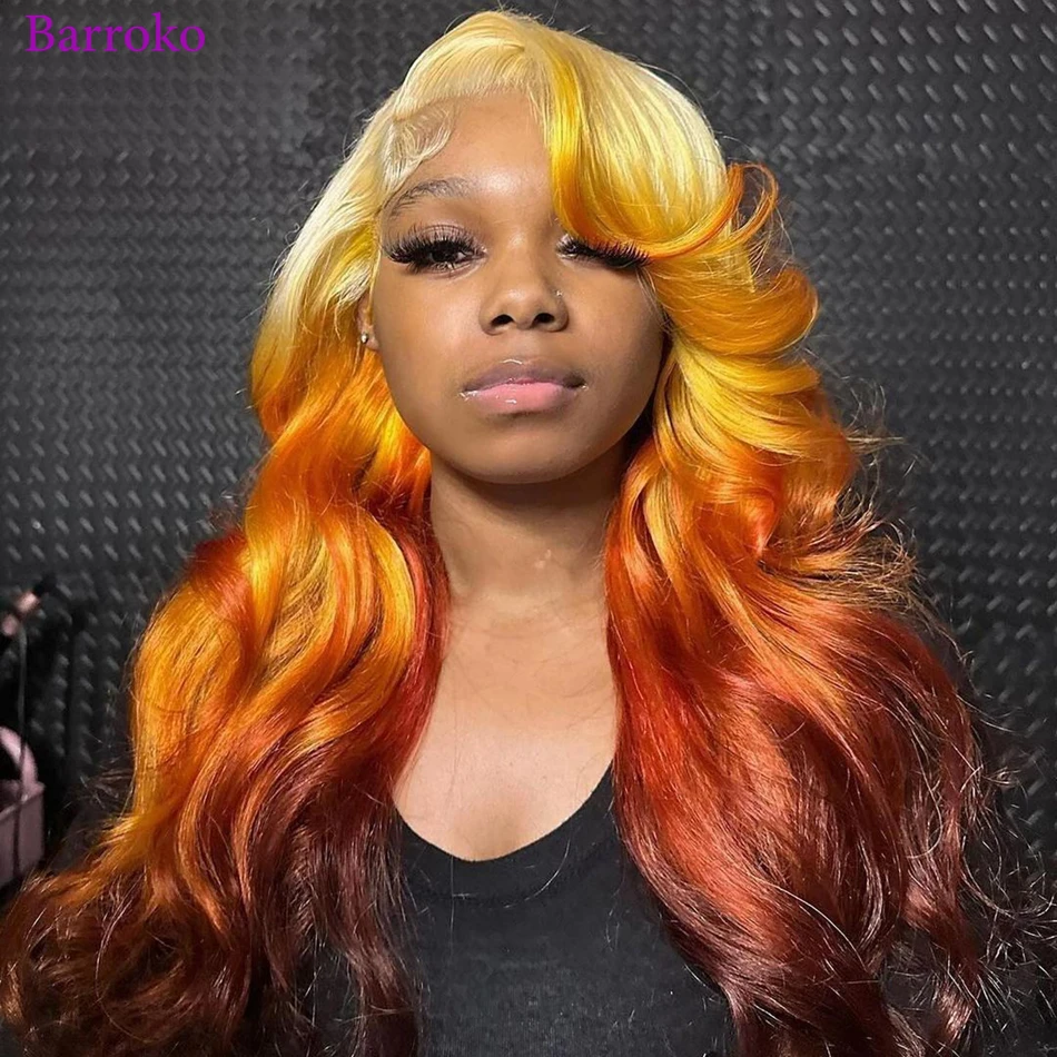 

Barroko Colored Body Wave Transparent Lace Wigs Omber 613 Orange Brown Lace Frontal Human Hair Wig 13X4 Pre Plucked Brazilian