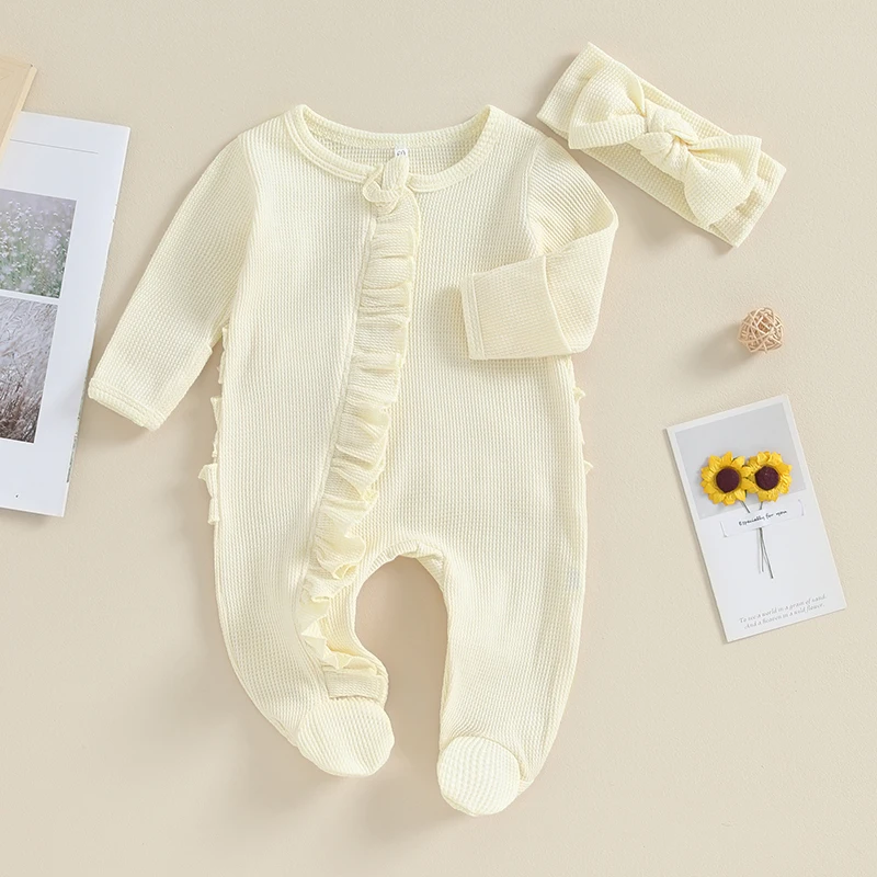0-6M Newborn Baby Footies Jumpsuit with Headband Girls Boys Clothing Infant Solid Color Long Sleeve Ruffle Romper Outfits