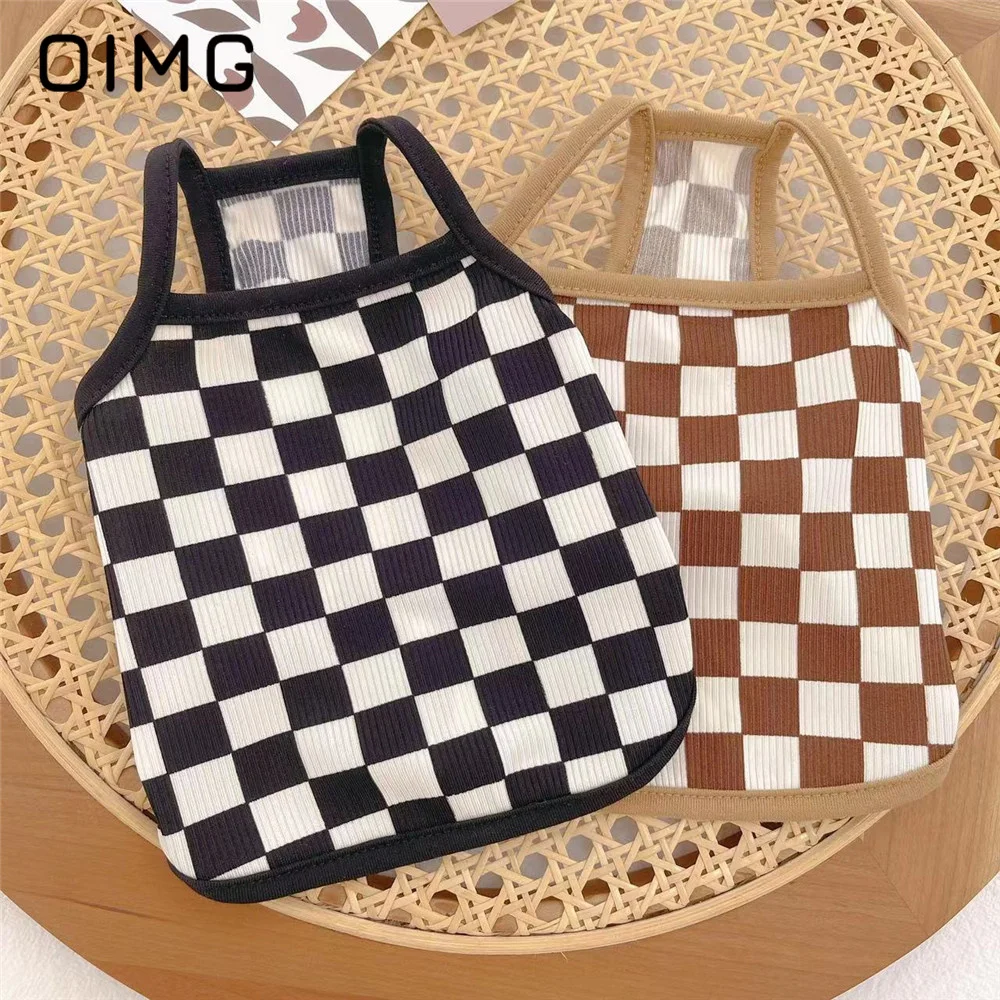 

OIMG Spring Summer Pet Clothes Checkerboard Dog Cat Home Sling Vest Teddy Bichon Sun Protection Breathable Cool Sleeveless Shirt