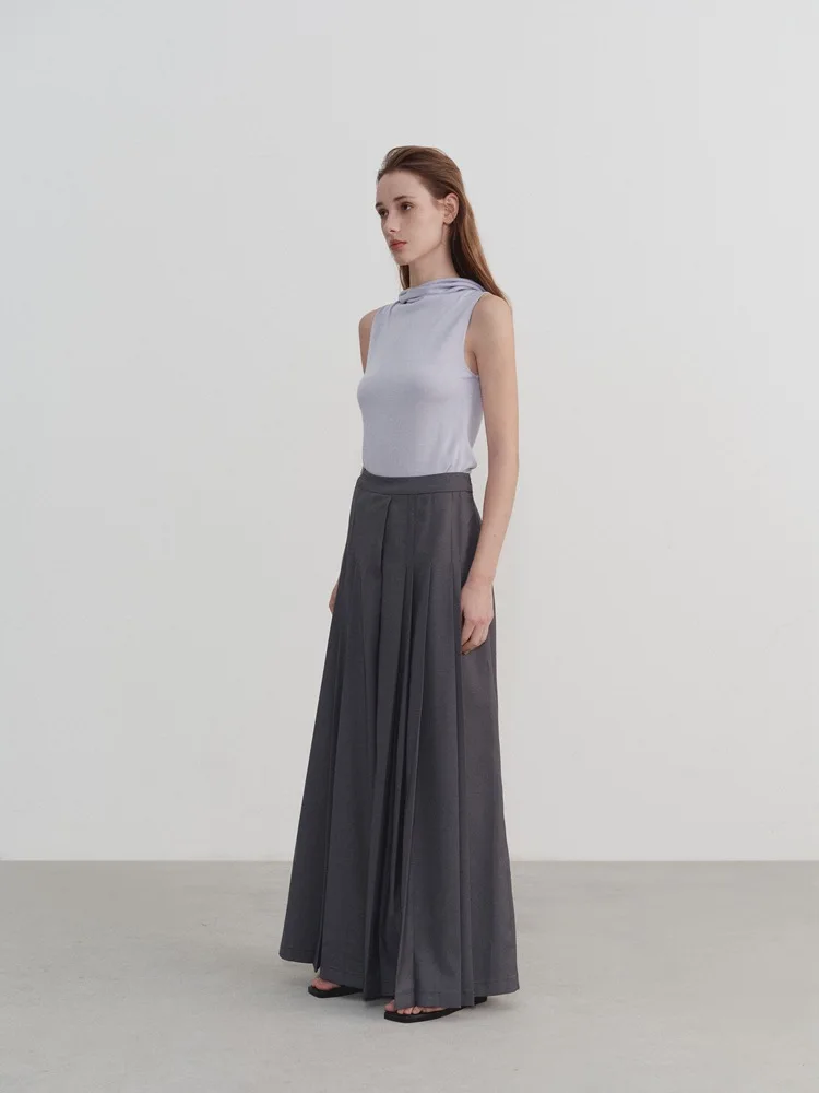 Large Silhouette Pleated Design Style Gray Wide Leg Skirt Pants for Women's Spring High Waisted Loose Floor Long Trousers