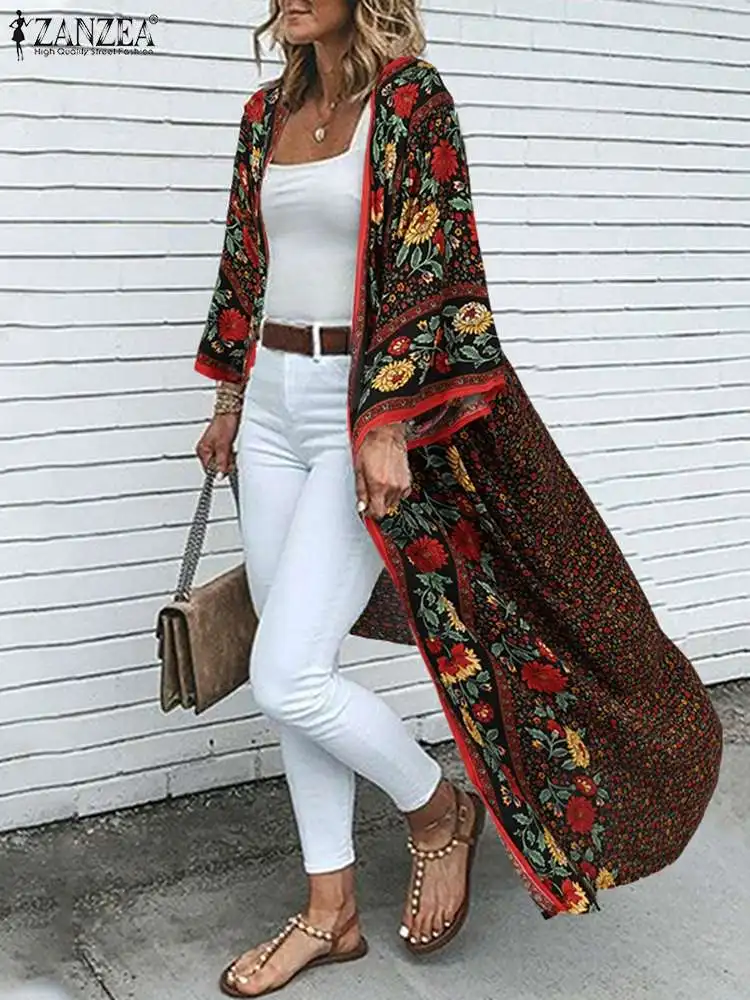 

Fashion Women Printed Blouses ZANZEA 2023 Summer Cardigans Casual Open Front Kimono Cape Female Floral Tunic Chemise Oversized