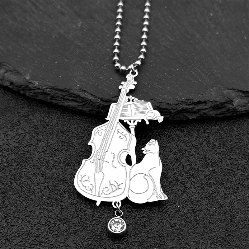 Cello Strass Hexerei Katze Auto Anhänger Hängen für Frauen Männer Edelstahl Silber Farbe Halloween Kitty Schlüsselanhänger Schmuck