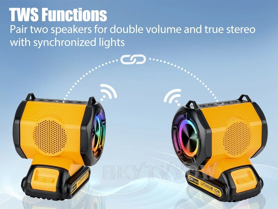 Bluetooth Speaker for Dewalt 20v 60v Battery With USB-A/C ports RGB Light 30W Co