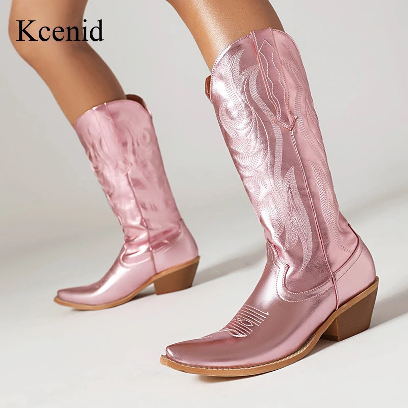 

Kcenid Fashion Embroider Chunky High Heels Metallic Silver New Western Cowgirl Boots For Women Vintage Shoes Woman Cowboy Boots