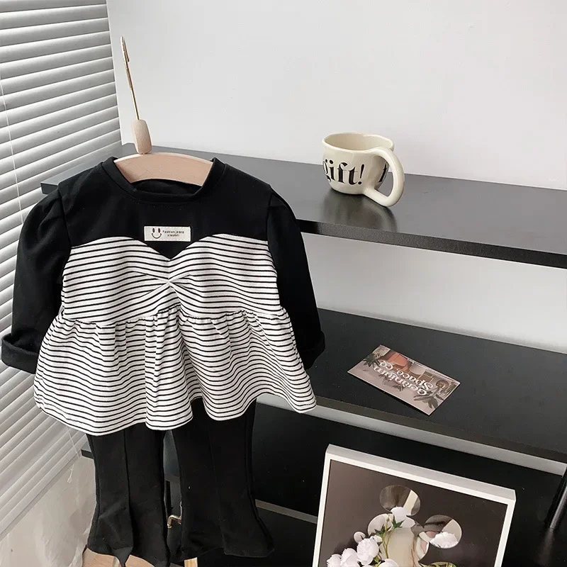 

Stripes Flared Pants Girls Sets Little Girl Fashion Korean Style 2ps Kids Clothes Autumn Top and Pants Children Sport Outfits