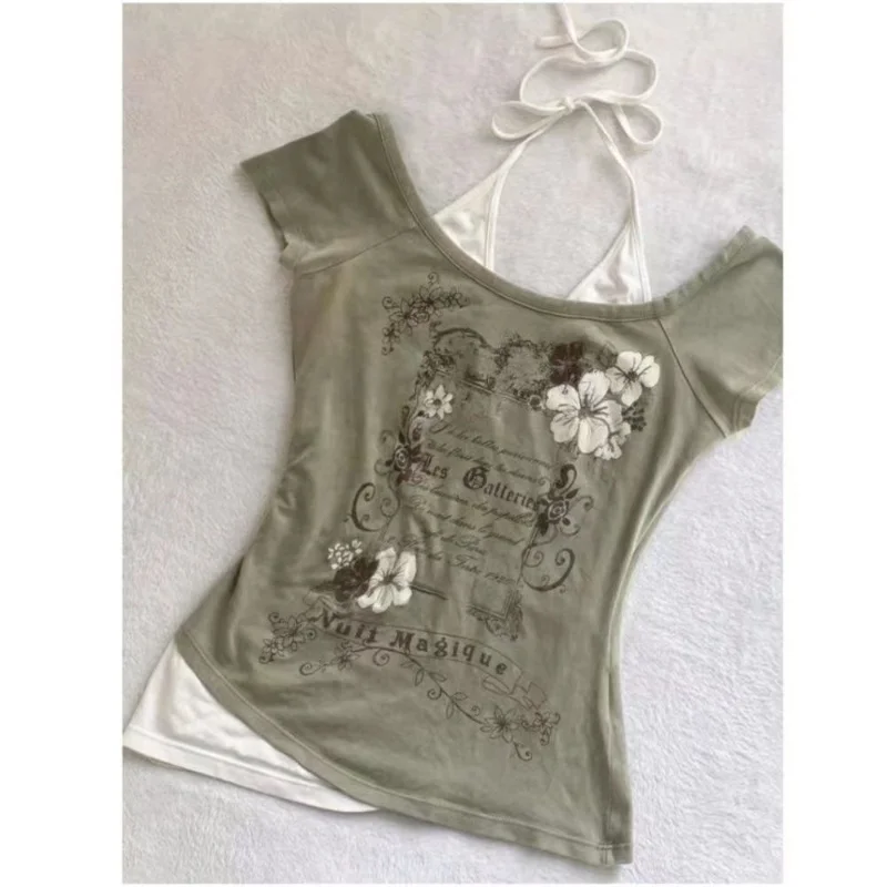 Vintage Retro Grunge Flower Print Crop Top - Y2K Summer Fashion Streetwear Halter Tee