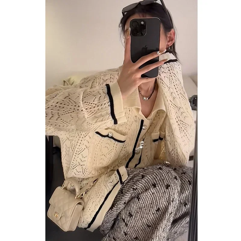 Spring Autumn Maternity Knit Jacket Long Sleeve Turn-down Collar Single-breasted Hollow Out Knitted Coat Pregnancy Loose Outwear