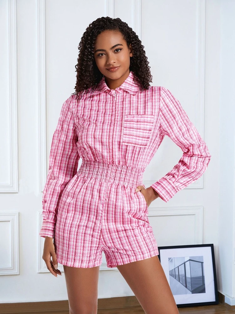 

Summer New Sexy Striped Print Shorts Shirt Jumpsuits for Women Clothes One Piece Long Sleeve Rompers Clubwear 2023 Zip Playsuit