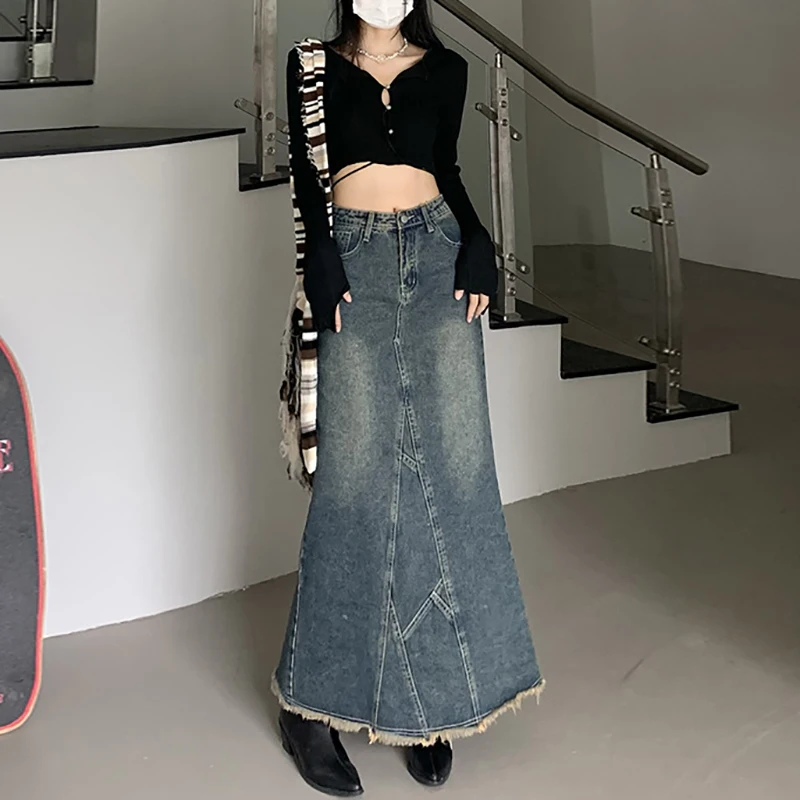 

Tassel Denim Mermaid Skirts Women Back Split High Waist Loose Fit Cowboys A-line Skirt Streetwear Casual Faldas Mujer New