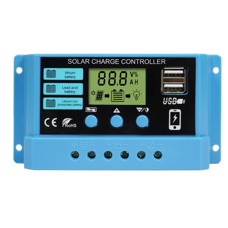 Controlador de Carga Solar PWM Regulador PV para Lifepo4 Gel de Lítio Ácido ao Chumbo 100W 200W 300W Painel Solar, 10A, 20A, 30A, 12V, 24V