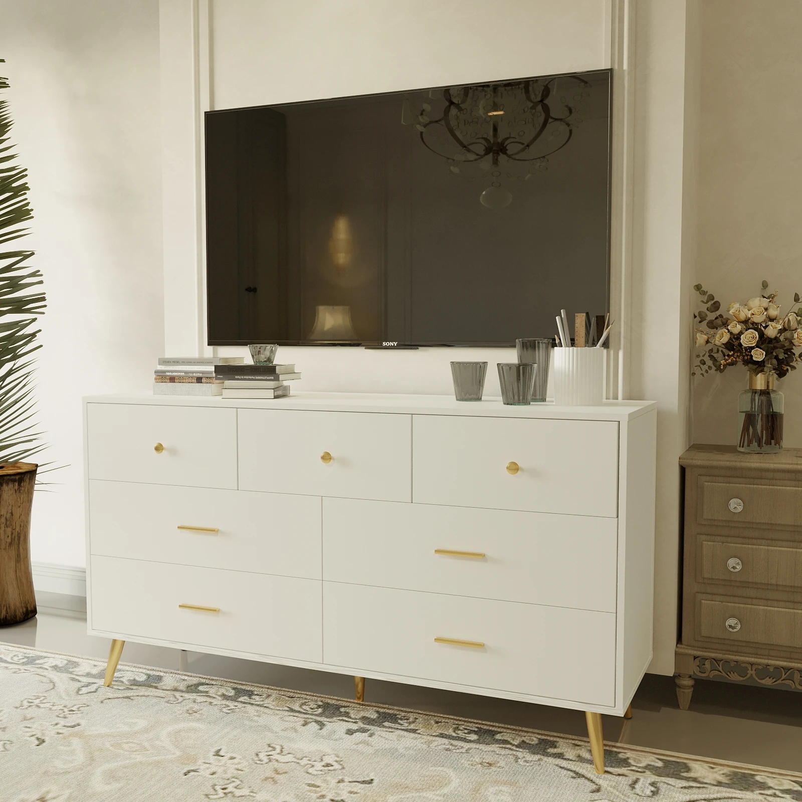 7 Drawer Dresser for Bedroom, Modern White Gold Dresser with Wide Drawers and Power Outlets, Long Chest of Drawers for Living Ro