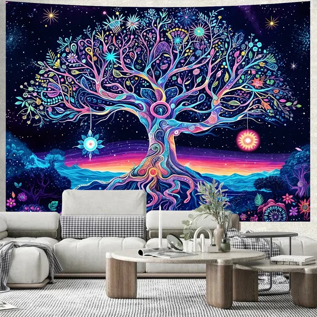 Arbre de vie tapisserie réactive UV nuit étoilée tapisserie tenture murale décor de chambre esthétique Hippie décoration murale de maison cadeau pour ami 2