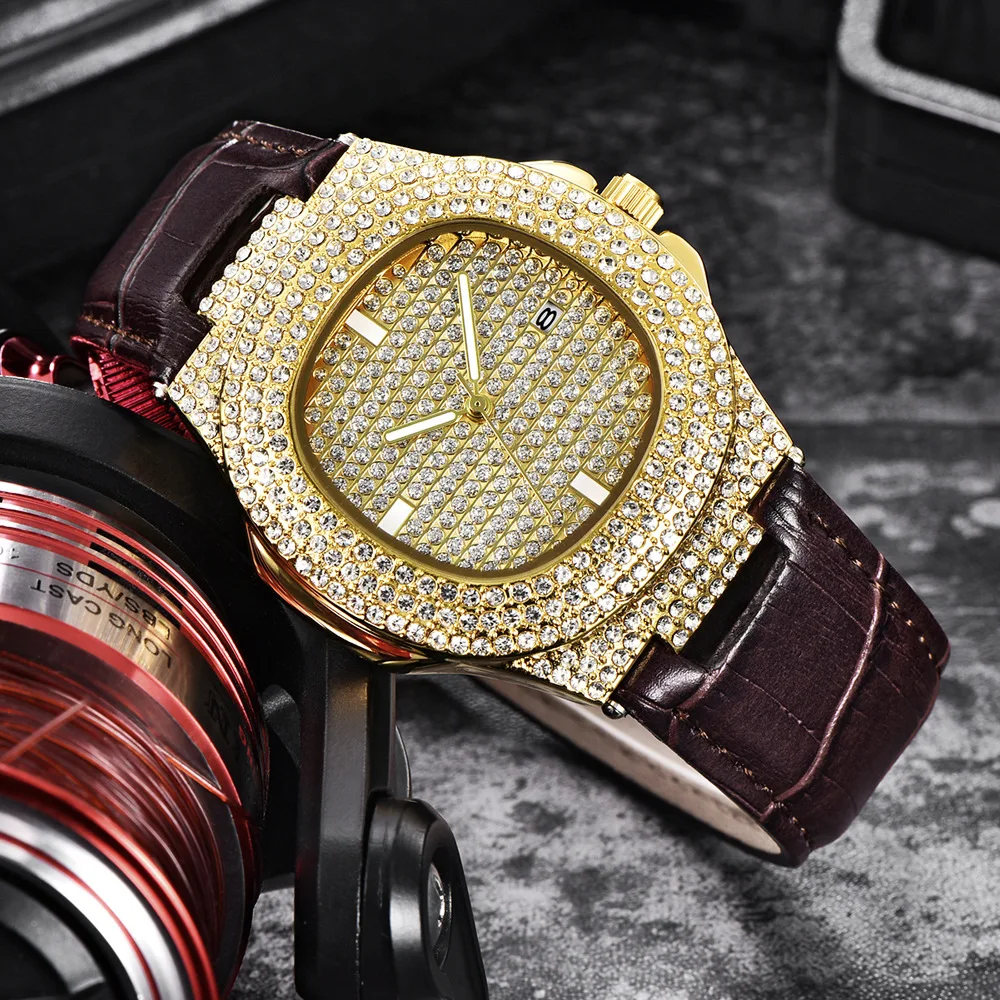 Mens Watch Luxury Iced Out Diamond Watches Fashion Leather Strap Quartz Wristwatches Male Clock Relogio Masculino Drop Shipping 4
