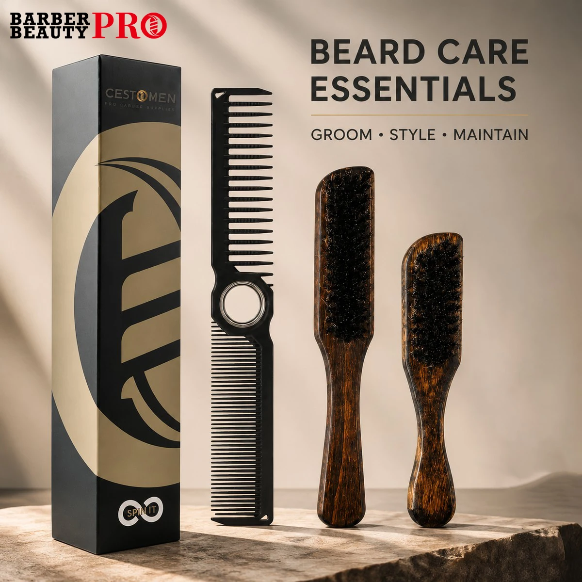 Premium Beard Grooming Kit: Dual-Sided Barber Comb & Boar Bristle Wooden Beard Brush