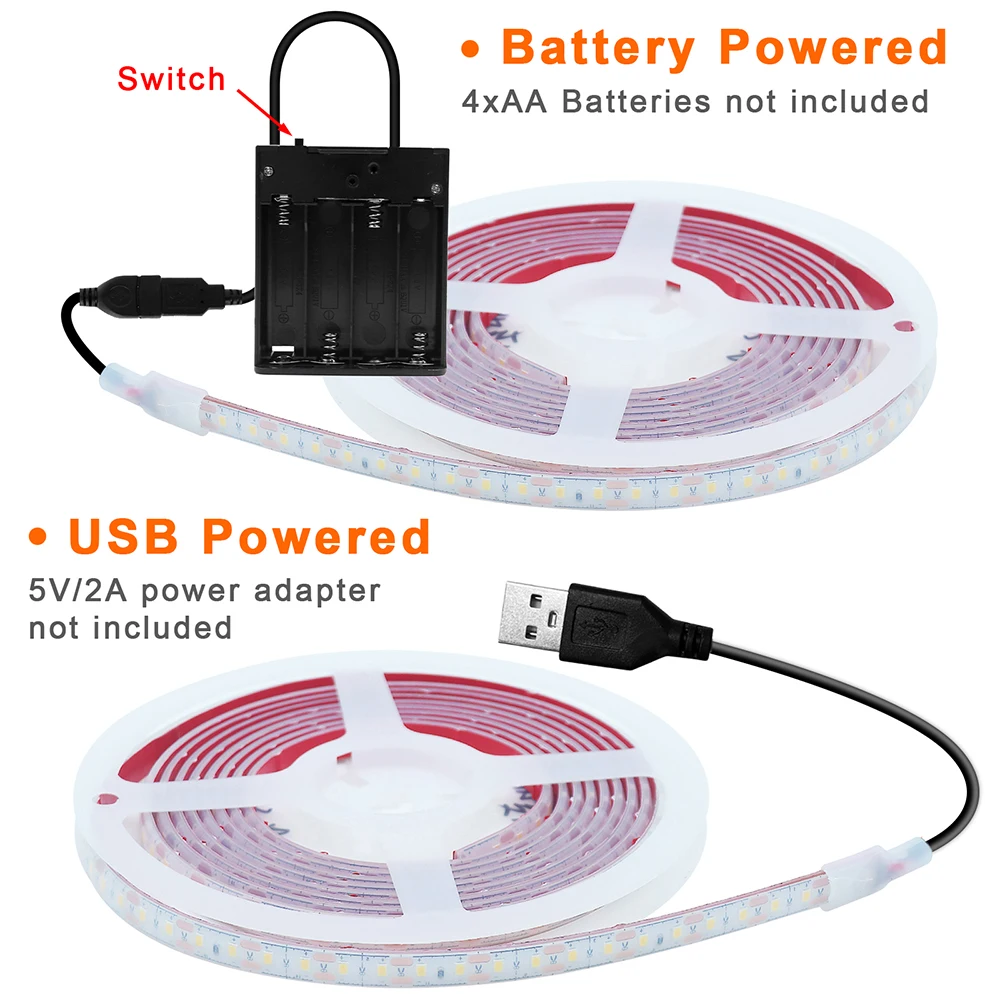 5V USB/배터리 전원 LED 스트립 라이트 SMD 2835 120 LED 플렉스 접착 테이프 IP68 휴대용 실리콘 램프 따뜻한 백색 가정용 조명