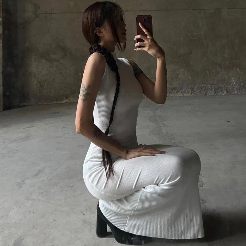 Vestido largo liso sin mangas para mujer, ajustado, con hombros descubiertos, elegante, ajustado, para fiesta, de verano