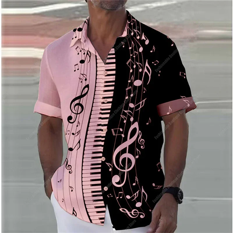 

Summer men's shirt piano music notes 3D print street fashion oversized short-sleeved lapel shirt XS-5XL