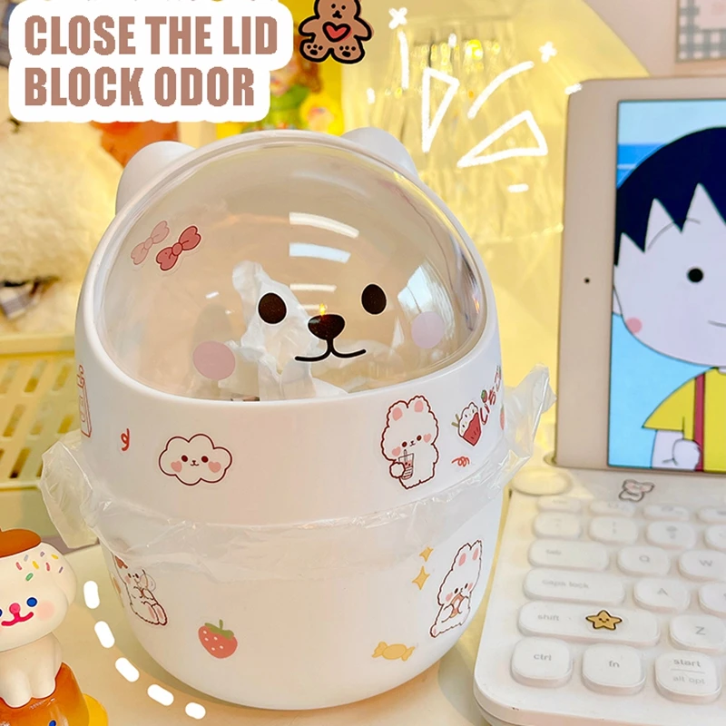 Trash Can Organizer Ins Desktop with Lid Kawaii Cute Bear Trash Bin Storage Box Girl Pen Holder Storage Bucket with Flip Top