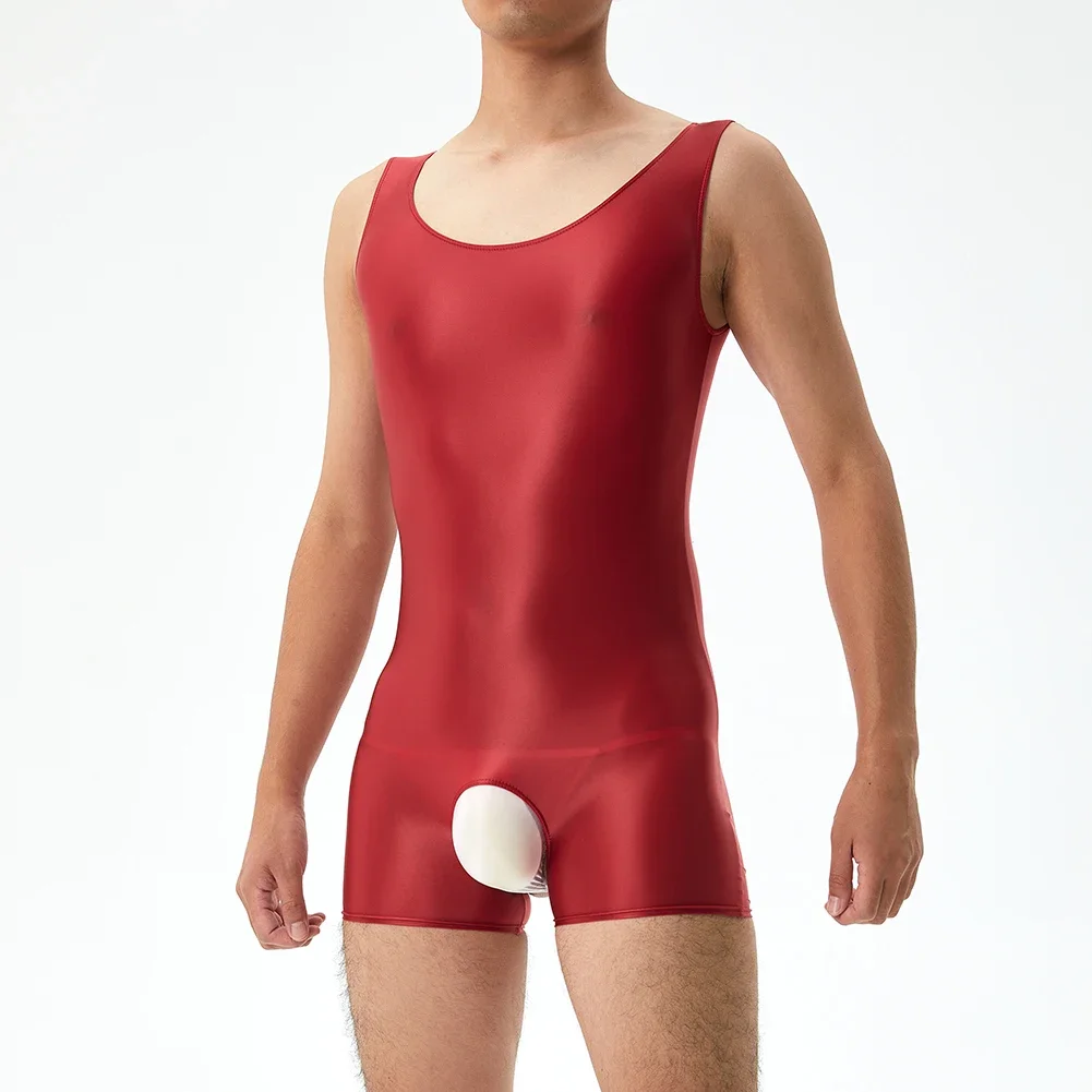 Mens Glossy Crotchless Underwear Bodysuit High Elasticity Jumpsuits Sexy Lingerie Sleeveless Shorts Sheer Playsuit