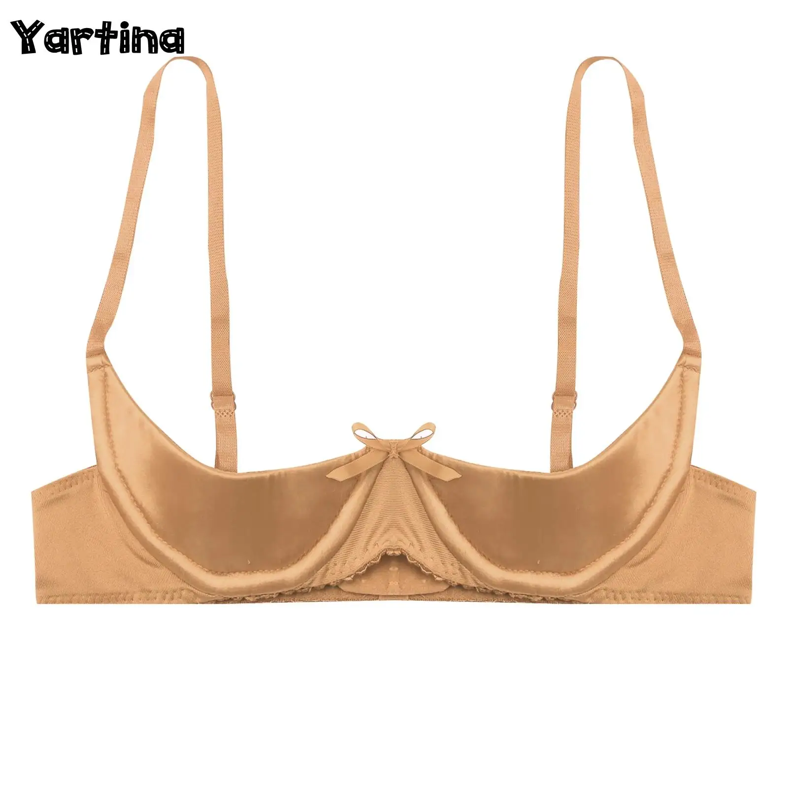 Womens Sexy Satin Lingerie Exposed Nipples Chest Bra Brassiere Underwire Half Open Cup Bow Push Up Balconette Bra Underwear