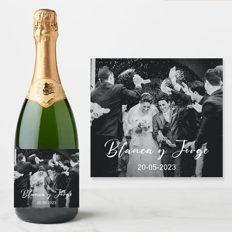 thumbnail image 1 of Pegatinas personalizadas para botellas de vino y champán, para bodas, compromisos, fiestas, bautizos, cumpleaños, baby showers, impresión de fotos decorativas, 1 of 5
