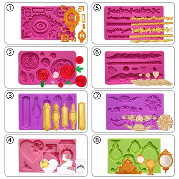Palksky DIY Baroque Scroll Relief Cake Border Silicone Mold/Vintage Curlicues Fondant Molds Flower Frame Edible Lace Mould Mat f