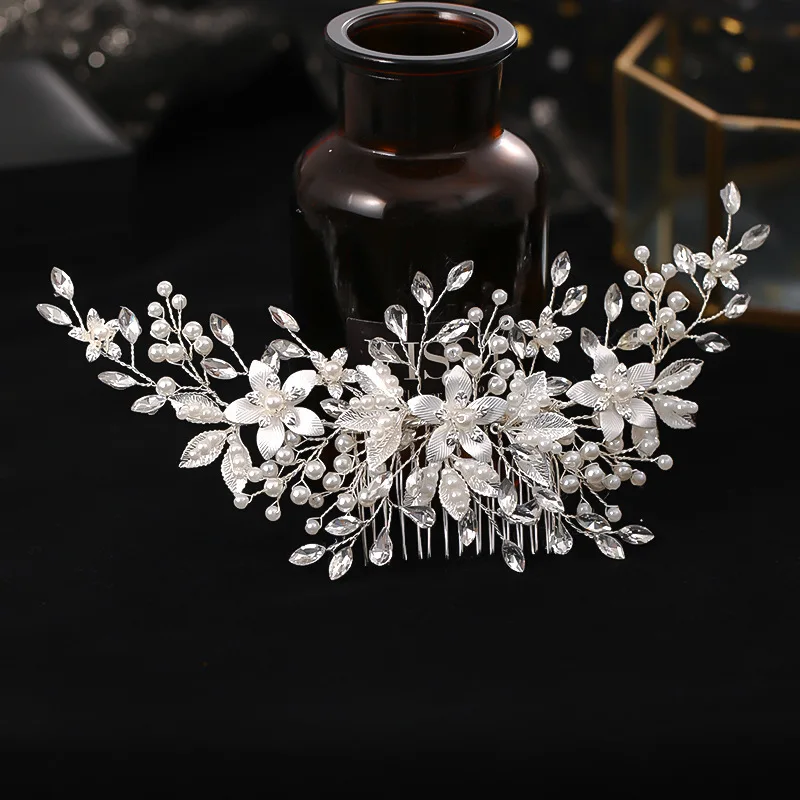 Bride Silver Flower Comb Handmade Pearl Hairpin bridal hair accessories hair accessories
