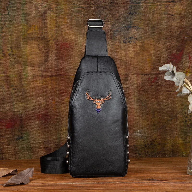 

Genuine Leather Deer Head Men's Chest Bag Large Capacity Crossbody Bag Vintage Business Shoulder Bag Cowhide Sling Bag