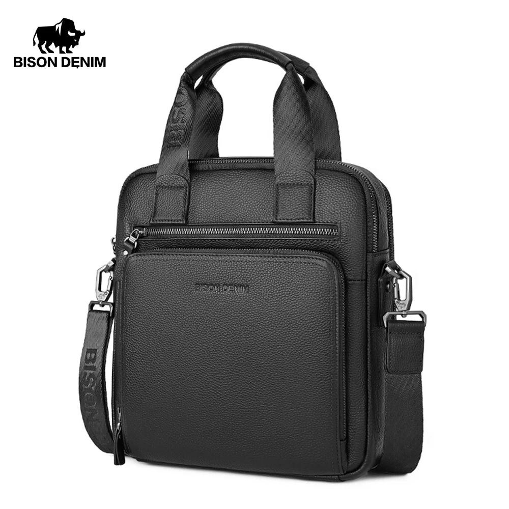 BISON DENIM Genuine Leather Men's Briefcase Business Handbag Shoulder Messenger ipad Laptop Bag Men's Tote N2333 student briefcase