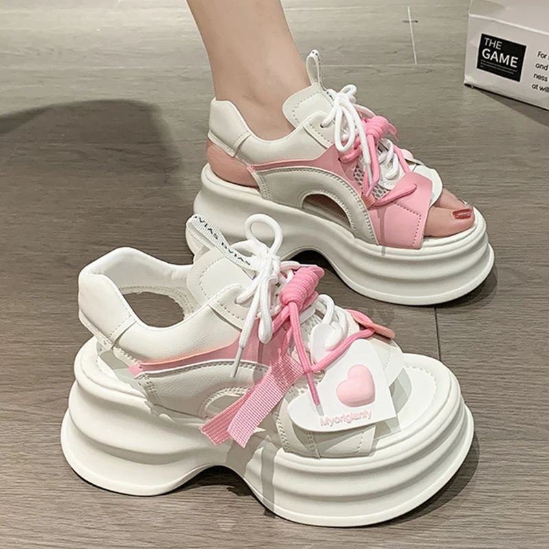 Sandales à plateforme de sport pour femmes, chaussures de marche compensées, Peep Parker, gros lacets, mode astronomique, optique d'été, 2024 1 Sandales à plateforme de sport pour femmes, chaussures de marche compensées, Peep Parker, gros lacets, mode astronomique, optique d'été, 2024 1