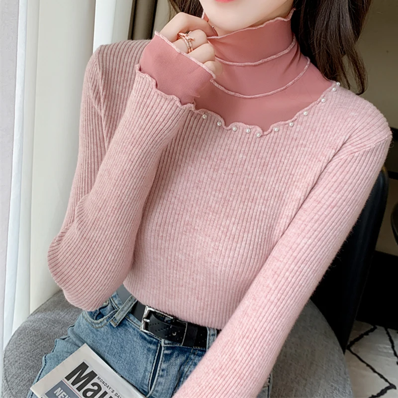 

Sueters De Mujer Moda 2023 Pearls Beading Sweater Women Fashion Sweaters Autumn Long Sleeve Top Pullover Mesh Turtleneck Clothes