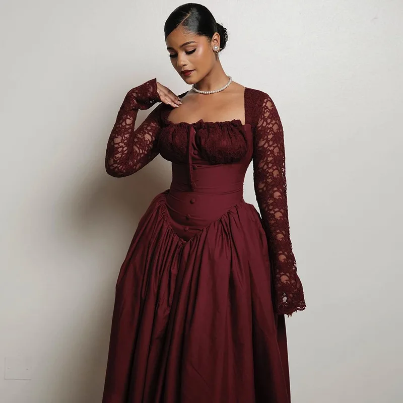 Elegant Vintage Women Dress Long Lace Sleeve Square Collar Slim Waist ...