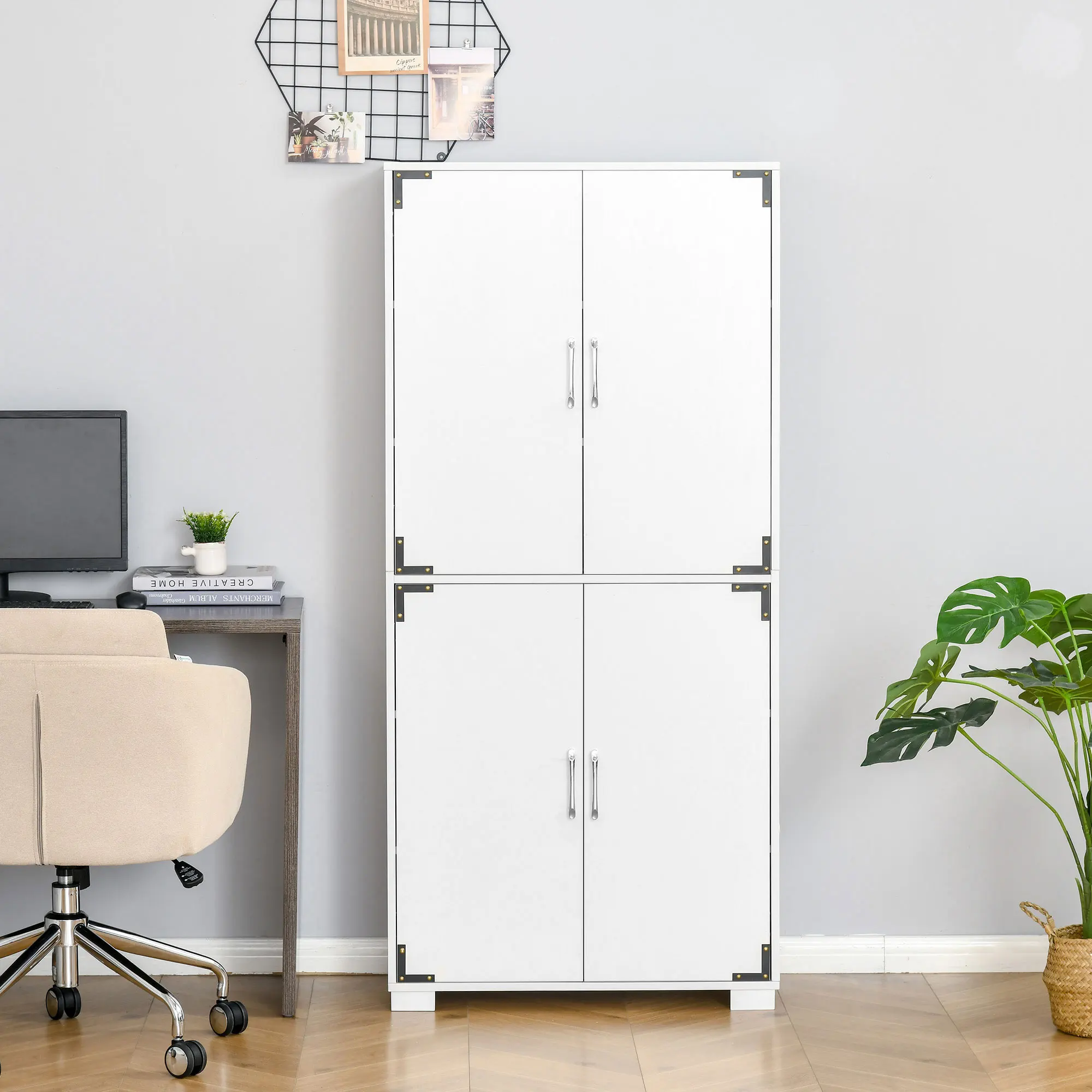 Industrial Style 4-Door Pantry Cabinet Organizer W/ Storage Shelves, White 5