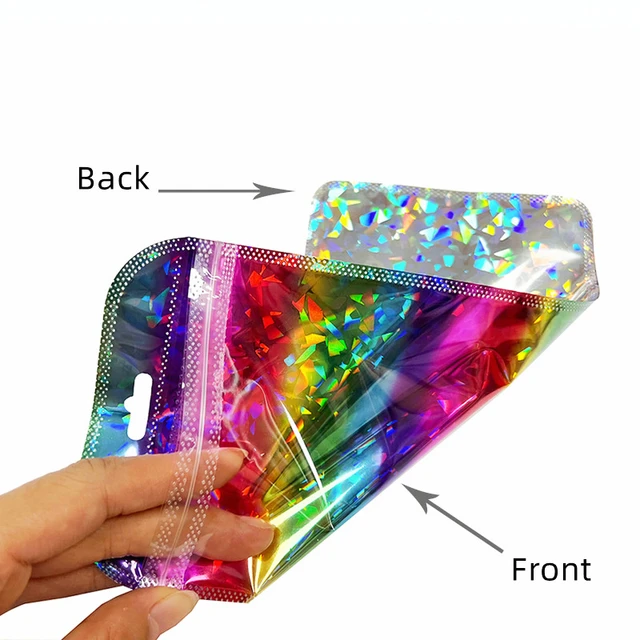 100pc New Colored Flash Laser Plastic Bags Rainbow Holographic Ziplock  Packaging Bag For Jewelry Organizer Food Storage Business