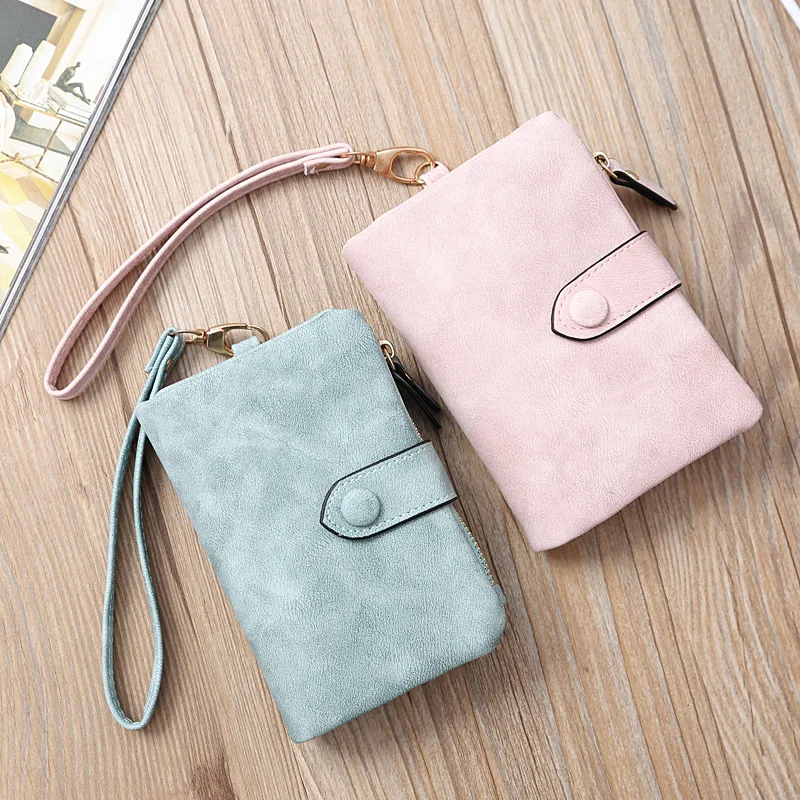 

Minimalist Wallets Pink Soft Short Small Zipper Pocket Wallet Leather Ladies Female Tri-fold Purses Women With Frosted Coin