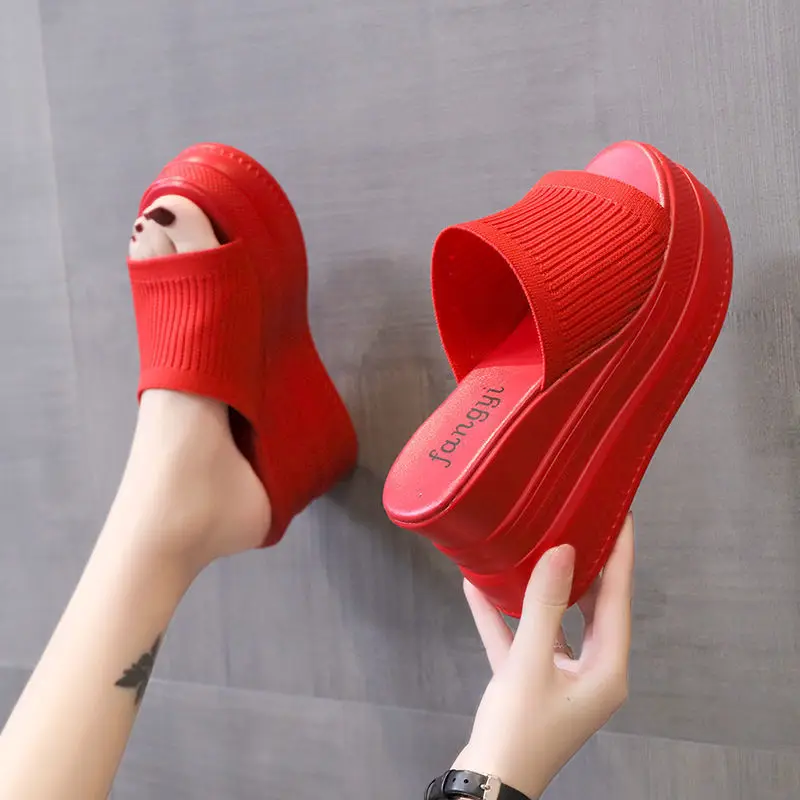 

Summer Slip on Women New Wedges Sandals Platform High Heels Fashion Open Toe Fish Mouth Slippers Ladies Casual Shoes red white