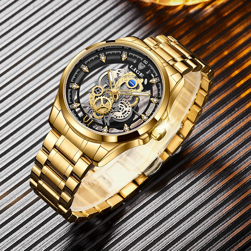 LIGE Gold Skeleton Retro Luxury Men's Wristwatch