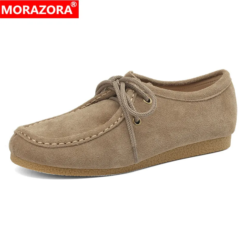 

MORAZORA Size 34-40 Cow Suede Leather Lace Up Women Flats Spring Autumn Comfortable Ladies Flat Shoes Woman Loafers