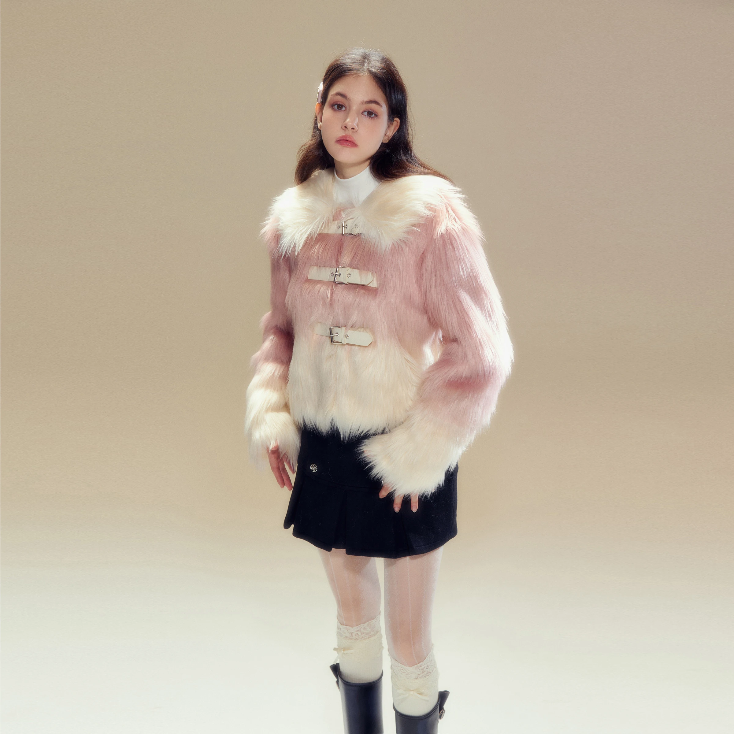 Fashion Pink Sweet Cute Round-Collar Long Sleeve Women's Coat 2023 Autumn Winter Slimming Fake Fur Jacket