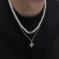 KunJoe 2Pcs/Set Retro Imitation Pearl Choker Necklace for Men Hip Hop Green Rhinestone Star Pendant Necklace Fashion Jewelry New - Image 3